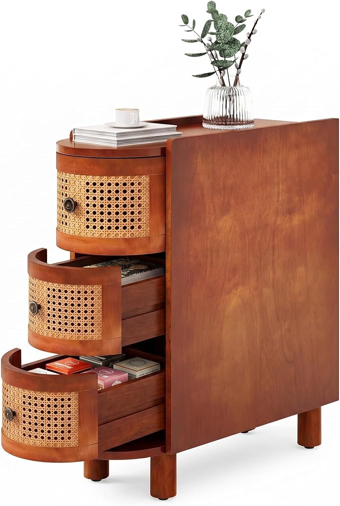 LITTLE TREE Solid Wood End Table, Rattan Narrow Side Table with 3 Drawers, No Assembly Required, Nightstand Bedside Tables for Living Room, Bedroom, Office, Bathroom, Brown