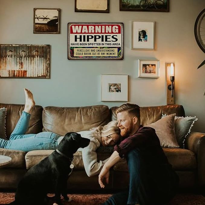 Hippie Metal Tin Sign Warning Signs Welcome Decorative Sign & Plaques Funny Hippies Use Side Door Signs Warning Hippies Have Been Spotted In This Area Sign Stone House Wall Decoration 8 X 12 In