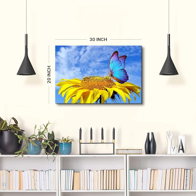 Sunflower Wall Art Bathroom Decor Blue Butterfly Canvas Pictures for Bedroom Sunflower Wall Decor Floral Posters Living Room Kitchen Home Decoration Yellow Sunshine Flower Painting Modern Artwork 20x30"