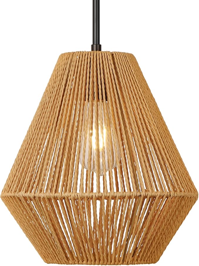 LynPon 12“ Boho Rattan Pendant Light with Rod Hanging, Black Boho Light Fixture with Hanging Lamp Shade, Farmhouse Coastal Wicker Pendant Light for Kitchen Dining Room Bedroom Hallway Foyer Bathroom