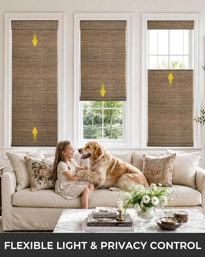 UNISHADES No Drill Cordless Bamboo Roman Shades, 26.5×64 in, Driftwood | Room Darkening Top Down Bottom Up Window Blinds for Indoor Windows