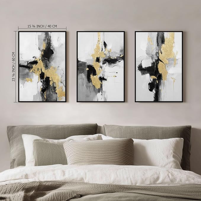 SAFERRYHOME Abstract Textured Framed Canvas Wall Art, Neutral Minimalist Wall Decor Modern Art Prints, Black Gold Wall Painting Artwork Pictures for Living Room,Bedroom,Dining Room,Office, 16"x24"x3