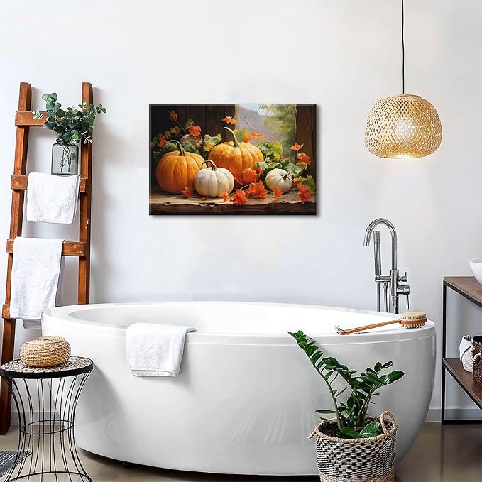 Pumpkin Canvas Wall Art Fall Pictures Maple Leaf Autumn Decor Thanksgiving Wall Prints Rustic Halloween Themed Wall Decor Framed Modern Artwork for Living Room Kitchen Bedroom Home Decorations 20x30”