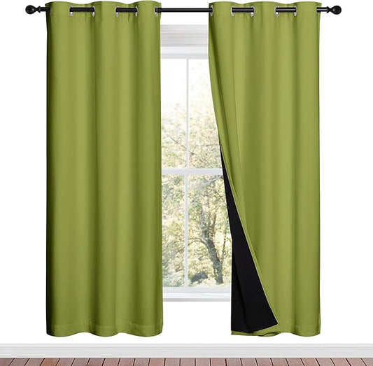 NICETOWN 100% Blackout Window Curtain Panels, Fresh Green, 2 Pieces, 42-inch Wide Per Panel, Full Light Blocking Drapes with Black Liner for Nursery, 72-inch Drop Thermal Insulated Draperies