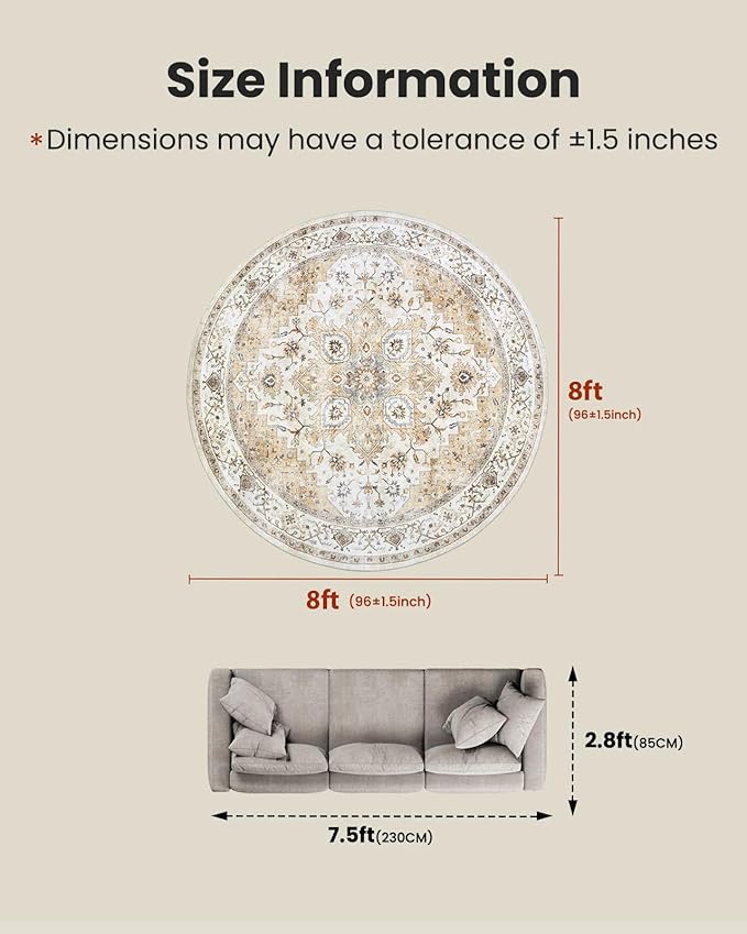 AMADA HOMEFURNISHING Round 8ft Area Rugs, Low-Profile Washable Rug with Non-Slip Backing & Durable Edge Binding, Vintage Rugs for Living Room, Bedroom, Dinning Room