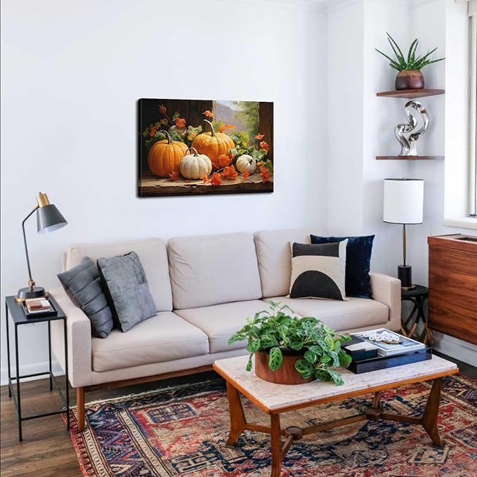 Pumpkin Canvas Wall Art Fall Pictures Maple Leaf Autumn Decor Thanksgiving Wall Prints Rustic Halloween Themed Wall Decor Framed Modern Artwork for Living Room Kitchen Bedroom Home Decorations 20x30”