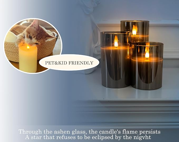 Glass Flameless Pillar Candles Flickering with Remote Timer, Battery Operated LED 3D Moving Flame Real Wax Candles,Remote Included (Gray)