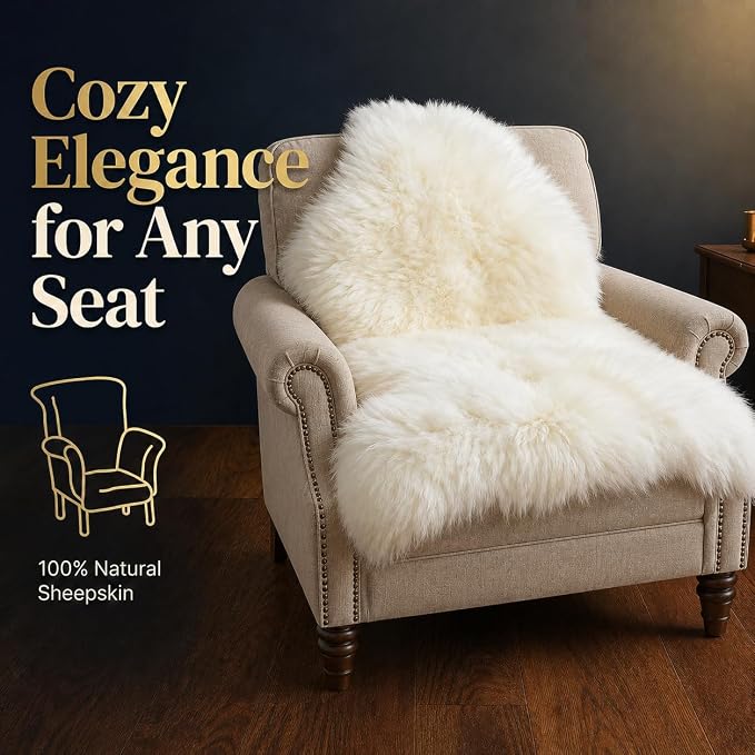 Woolous Sheepskin Rug, Genuine Sheep Skin Chair Throw 2x3 ft Ivory | Natural lambskin pelt with fluffy wool texture. Ideal as area rug, chair throw, bedroom or living room decor.