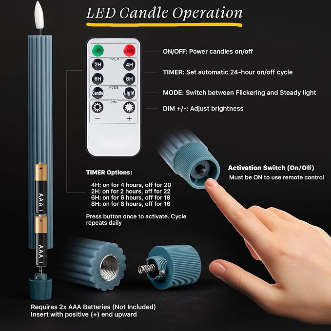 12 Pack, 10" LED Flameless Blue Fluted Ribbed Grooved Taper Candles with 2 Remotes & 24h Timer Memory, On/Off Button, Dimmable, Flicker Mode, Battery Operated, Christmas Menorah Wedding