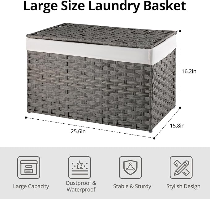 OIAHOMY Storage Basket with Lid, 27.7 Gallon (105L) Blanket Basket with Removable Liner Bag, Synthetic Wicker Hamper with Handle, Large Hamper for Bedroom, Grey