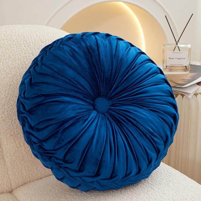 Greenjin 15" Round Pillow for Couch, Circle Velvet Pleated Throw Pillow,Decorative Round Floor Cushion,Pumpkin Chair Cushion for Bed Chair Car Sofa Home Decor Navy Blue