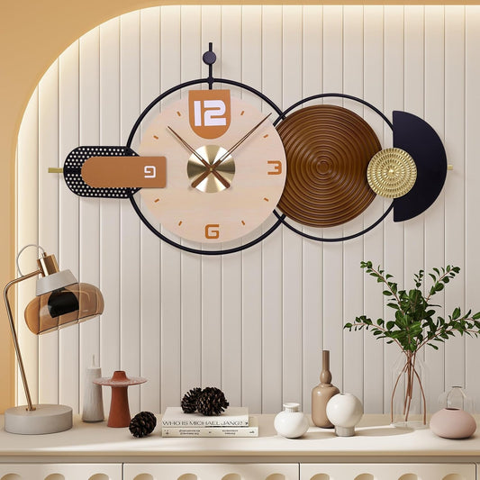 Large Wall Clock for Living Room Modern Wall Clocks Battery Operated Iron and Wood Combination Big Clocks Silent Non Ticking Clock Suitable for Home,Bed Room,Kitchen,Office 33X20inch