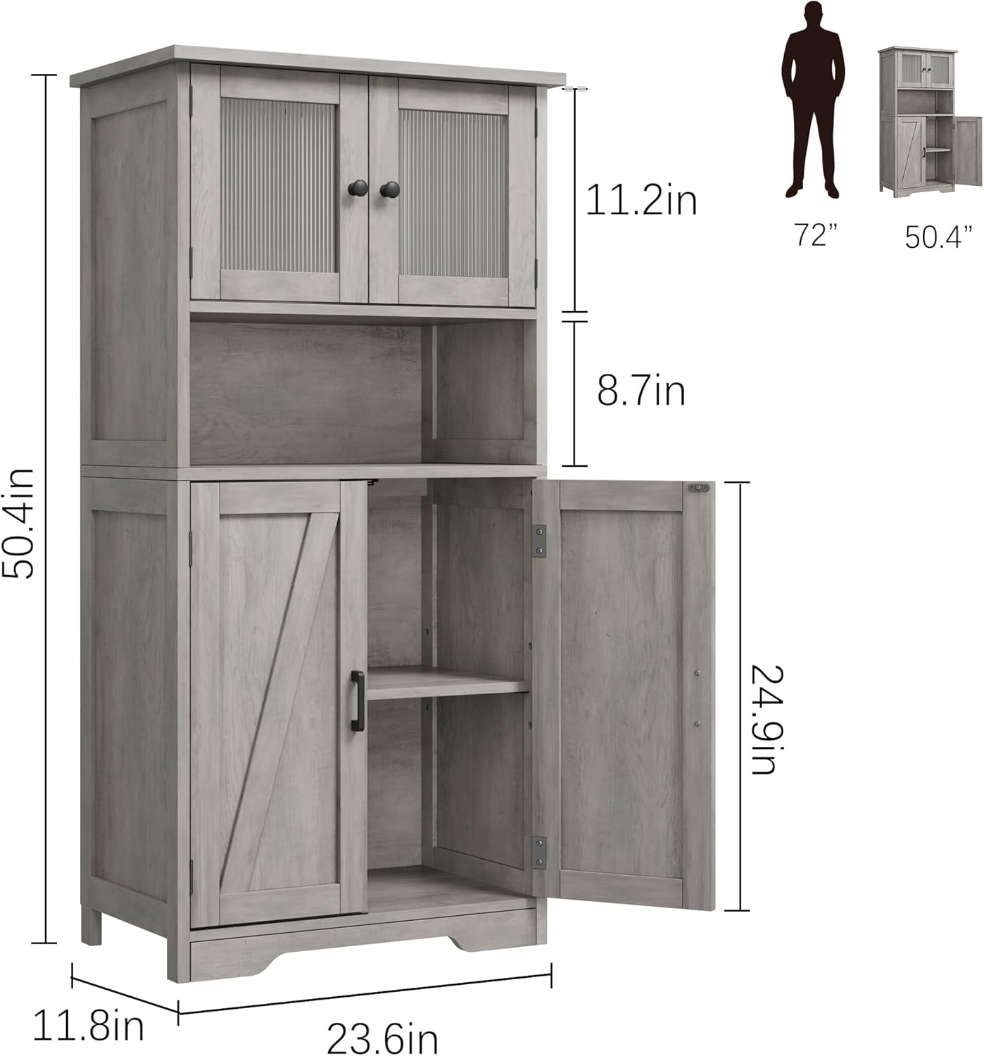 GarveeHome 54in Tall Bathroom Cabinet, Farmhouse Storage Cabinet with Glass Doors and Adjustable Shelves, Freestanding Kitchen Pantry Cabinets, Cupboard for Living Room, Dining Room, Gray