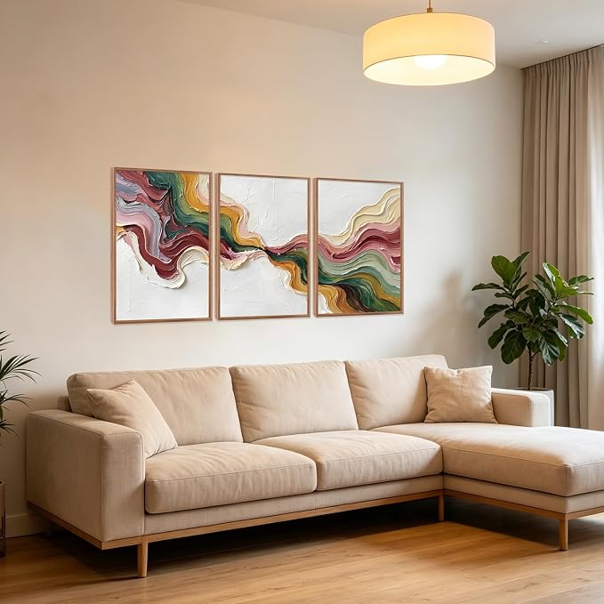 CHDITB 3D Textured Abstract Wave Framed Canvas Wall Art Set, Modern Neutral Earth Tone Picture Flowing Ribbon Wall Decor, Multicolor Minimalist Line Art Prints for Living Room Hallway Home Decor 16"x24"x3