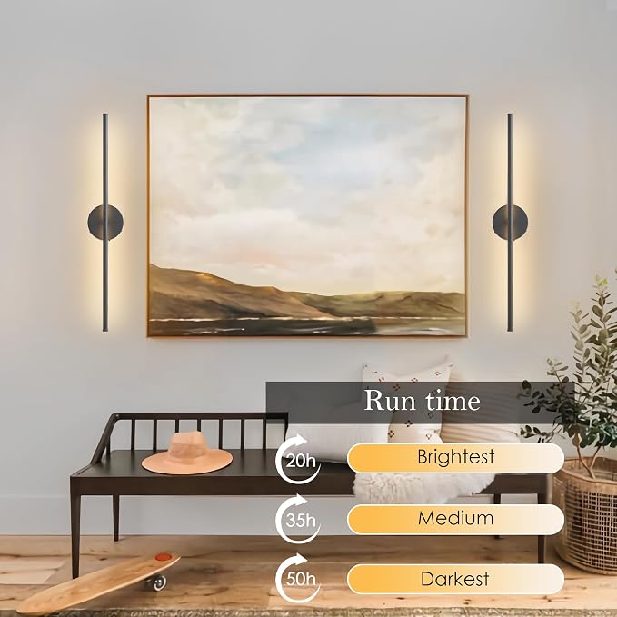 KARTOOSH Battery Operated Wall Sconces Set of Two, with Remote Control, Dimmable, Warm White/Natural White/Daylight/RGB, 350°Rotate, LED Black Wireless Wall Light for Living Room, Bedroom, 24.4 Inch