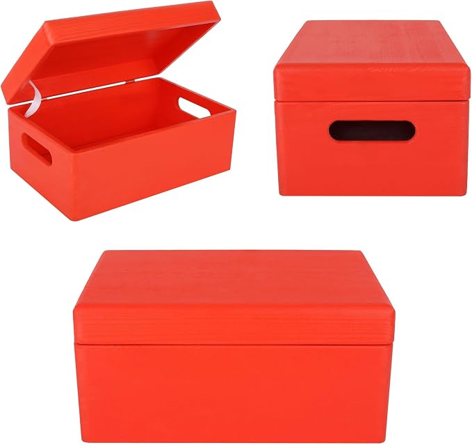 Creative Deco Large Red Wooden Box Storage with Hinged Lid | 11.8x7.87x5.51in (+-0.5) | Keepsake with Handles | Gift Box for Tool Dog Toy Shoes Kitchen Storage | Wood Keepsake Chest Trunk | Solid pine storage box with a lid for keepsakes, crafts, stati...