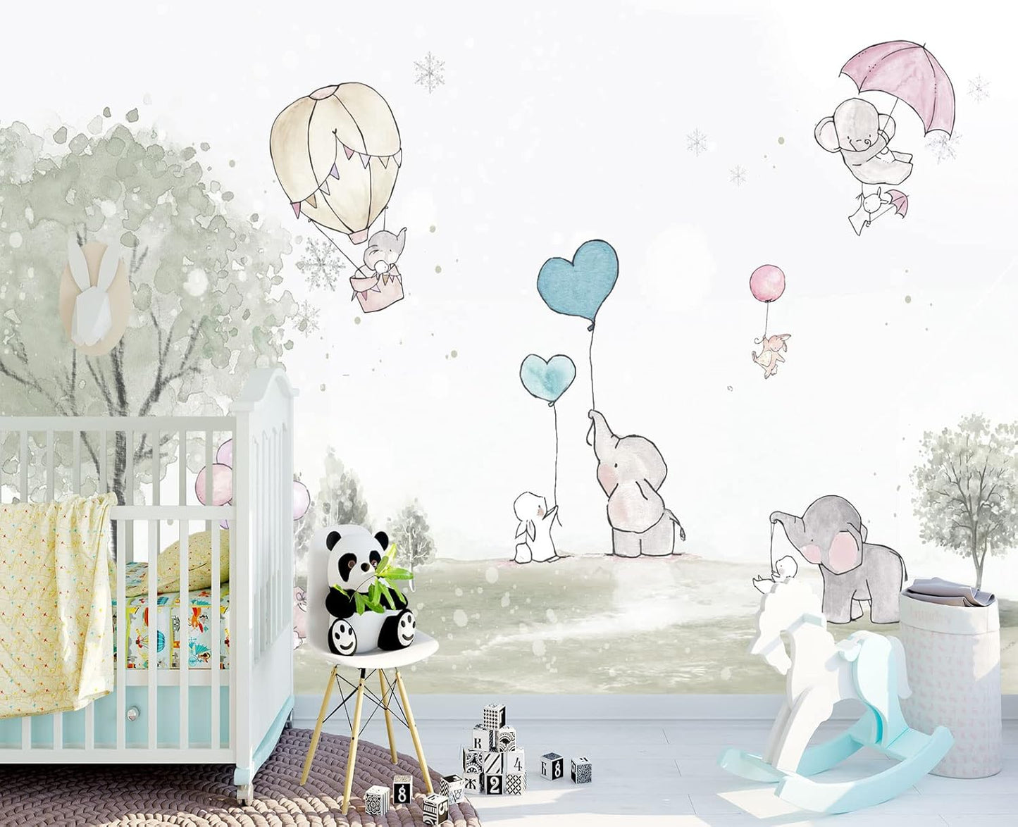 Cartoon Elephant Rabbit Balloon Nursery Wall Mural Wallpaper 103" x 69"