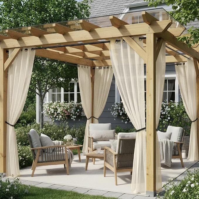 HolidayIdeas 4 Panels Outdoor Curtains for Patio-Natural Linen Semi Sheer Curtains for Patio Waterproof, Privacy Sun Light Indoor Outside Drapes for Gazebo, Pergola, Balcony, Pool, Backyard 54x95 Inch