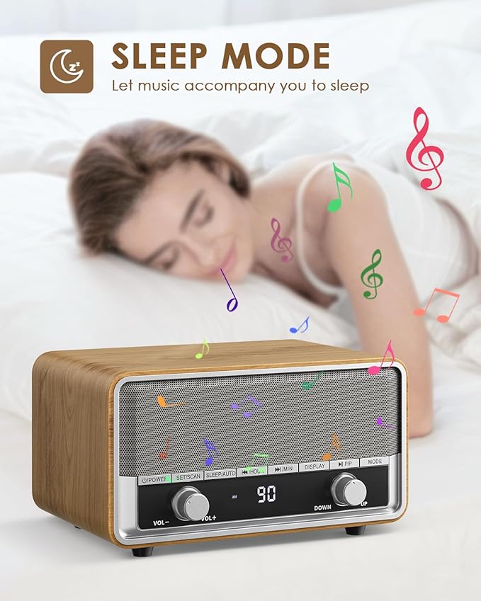 Vintage Wood AM FM Bluetooth Radio with Clock, Digital Clock Radio for Bedroom with LCD Display | 40 Presets | Sleep Timer | No Alarm, Retro Bluetooth Speaker for Office, Kitchen (Light Walnut)