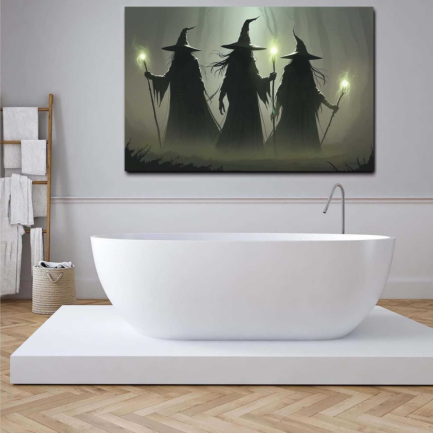Vintage 3 witches canvas wall decor melancholy dark Halloween poster wall decor holding a staff print Gothic horror Halloween painting print for living room bedroom8x12in Wood Framed