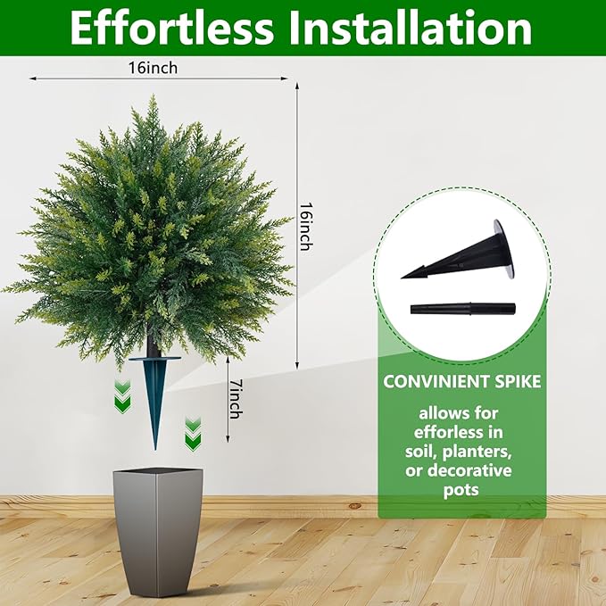 Yangrass 4PCS Artificial Cedar Topiary Ball Trees 23" for Outdoors with Ground Spike, UV Resistant Artificial Cypress Trees, Evergreen Shrubs Bushes Faux Plants for Front Porch Garden Backyard