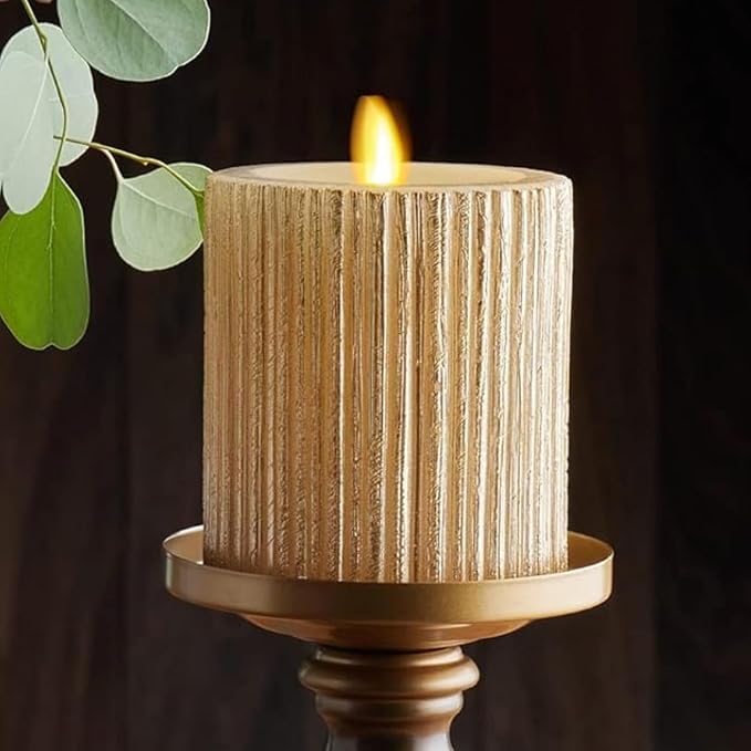 Luminara Metallic Embossed Pillar, Champagne Flameless LED Candle 3.25" x 4.5", Battery Operated Real Flame Technology w/Timer Function, Paraffin Wax