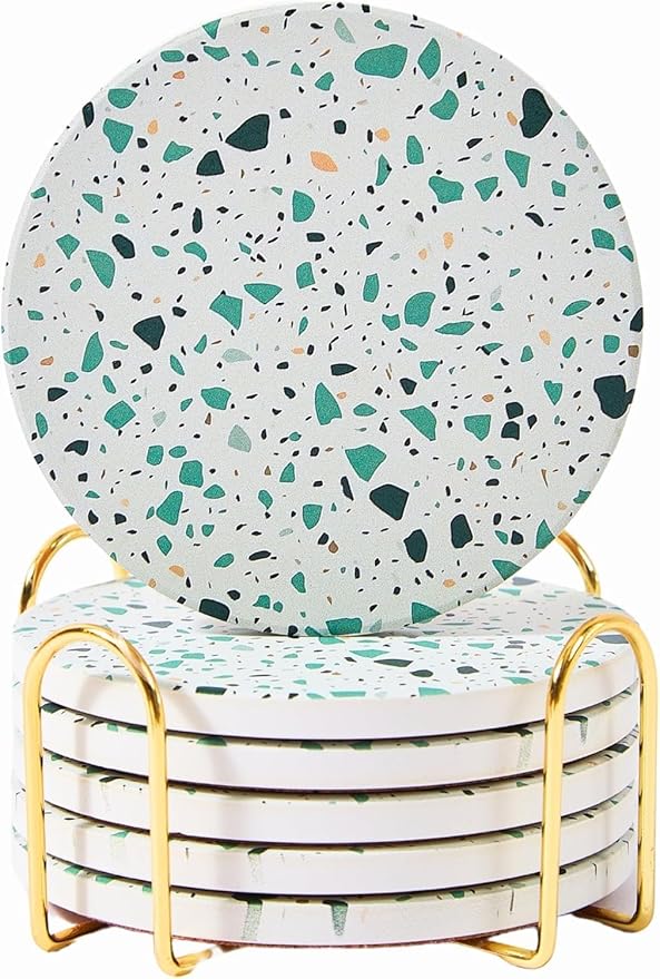 Terrazzo Coasters Set of 6, Ceramic Absorbent Drink Coasters, Cute Moisture Absorbing Coaster, Coffee Table Desk Decor, Colorful Stone Coaster for Drinks (Sage)