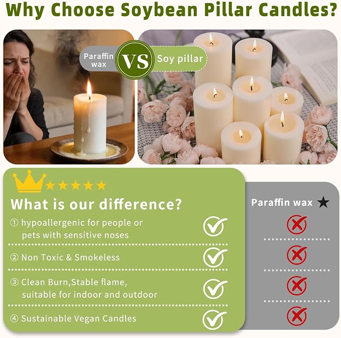 6 Pack Soy White Pillar Candles,Natural Soybean Pillar Candles,540 H Long Lasting Burning-Unscented,Dripless and Smokeless Rustic White Hand-Poured Candles Dinner Table,for Wedding,Home Decor 2.8x6in