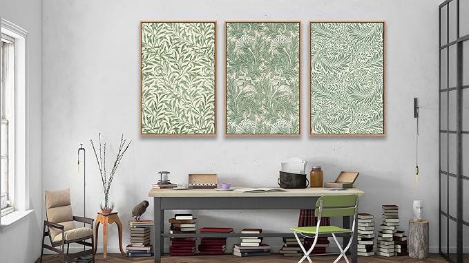 Large Flowers Wall Art for Living Room Natural Wood Float Framed Art Set of 3 William Morris Floral Canvas Picture Vintage Artwork Green Botanical Leaf Art Prints for Bedroom Wall Decoration 20"X28"X3