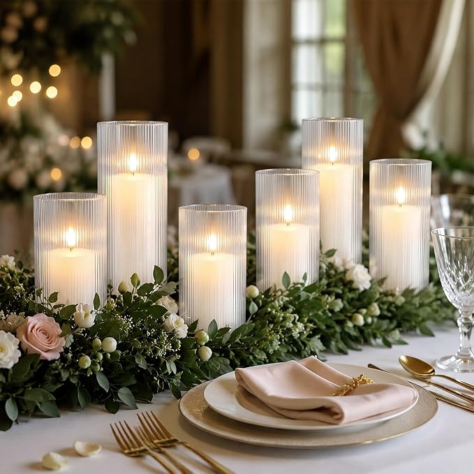 12 Pcs Wedding Pillar Candles and Ribbed Glass Candle Holder Vases Tall Cylinder Holders for Pillar Candle Clear Ribbed Bud Vase for Wedding Table Centerpiece, Total 6 Sets