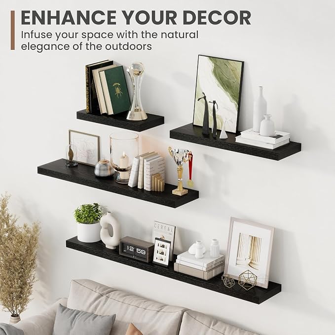 Acovy 72 Inch Floating Shelves, 8 Inch Deep Floating Shelves for Wall, Hanging Shelf with Invisible Brackets, Deep Shelves for Bathroom, Bedroom, Living Room, Black, Set of 1