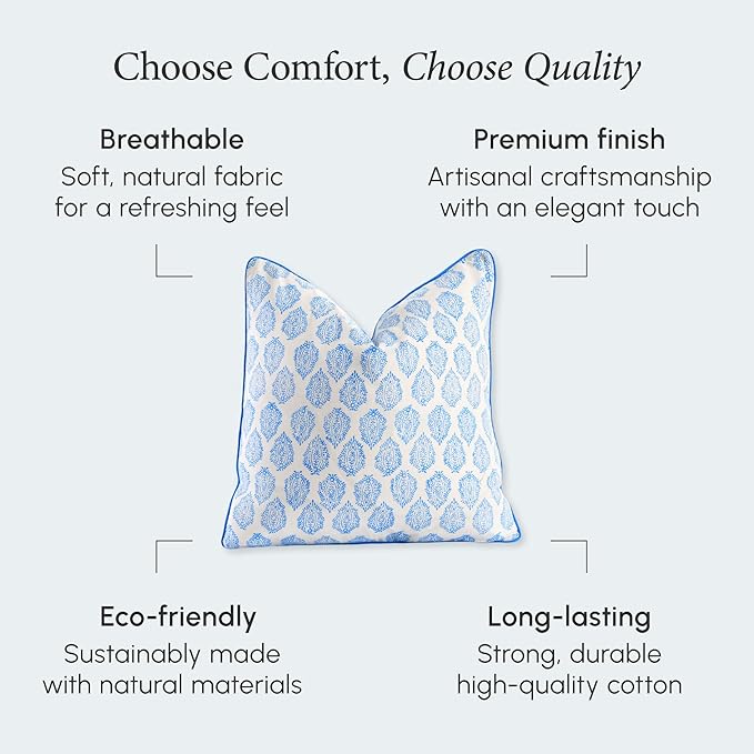 CPC 100% Cotton Throw Pillow Covers 18x18 Inch, Set of 2 Green Block Print Pattern Couch Pillow, Cute Boho Decorative Pillows for Living Room, Bedroom with Hidden Zipper- Royal Blue