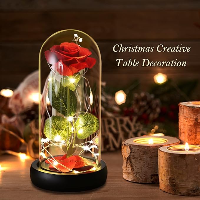 Beauty and The Beast Rose Birthday Gifts for Women, Valentine's Day Gifts for her, Eternal Rose Artificial Flower Light Up Rose in Glass Dome, Glass Roes Flower Gifts for Wife/Girlfriend