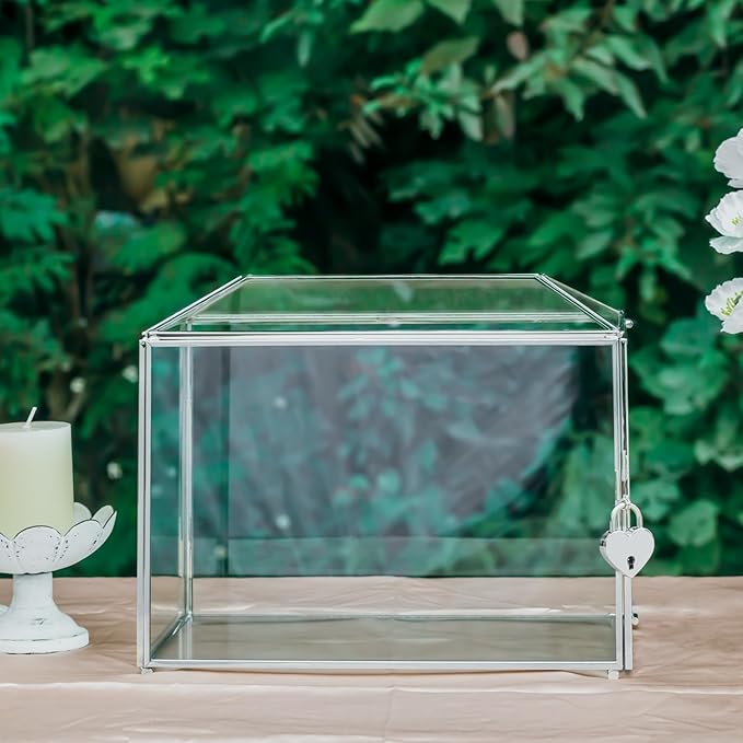 NCYP Small 10.2 x 5.9 x 7.9 Inches Silver Glass Cards Box with Slot and Lock for Wedding, Birthday Party - Geometric Card Holder, Home Decorative, Slot Length 6.3'' (Glass Box Only)