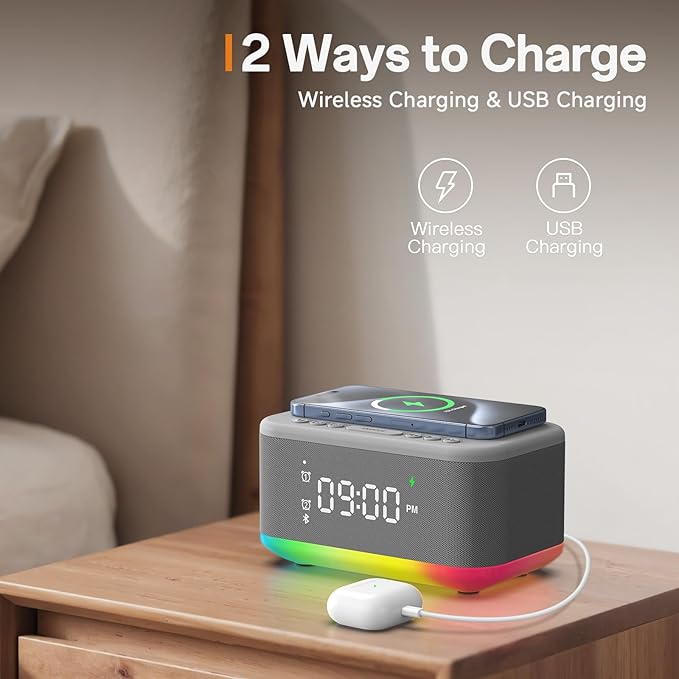 Wireless Charging Alarm Clock Bedroom, Digital Alarm Clocks Bedrooms Bluetooth, Loud Bluetooth Speaker Alarm Clock Night Light Dual Alarm Snooze 12/24H Dimmer Bluetooth AUX USB Charging, Grey