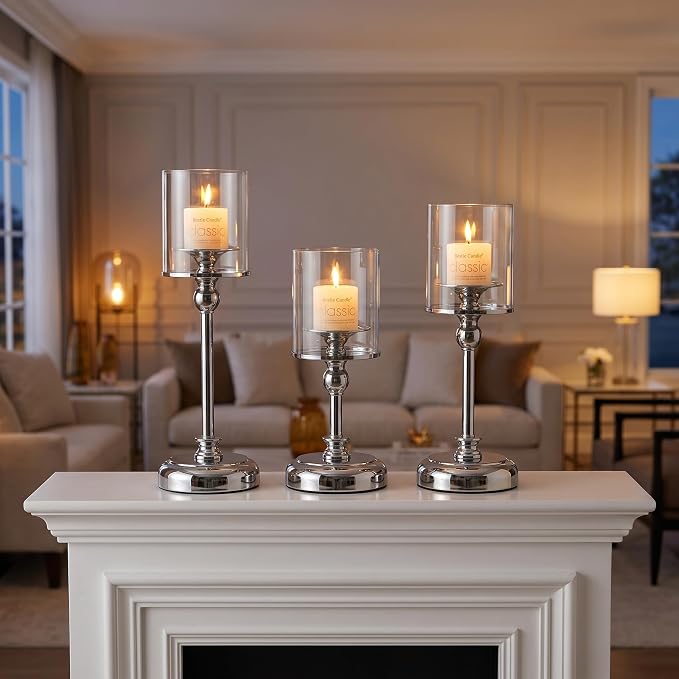 Sliver Hurricane Candle Holders - Set of 6 Tall Candlestick Holders Windproof Taper Candle Holders, Metal Stand for Table Centerpiece Outdoor Indoor Wedding Party Holiday Decor