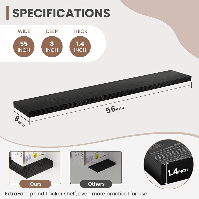 Acovy 55 Inch Floating Shelves, 8 Inch Deep Floating Shelves for Wall, Hanging Shelf with Invisible Brackets, Deep Shelves for Bathroom, Bedroom, Living Room, Black, Set of 1
