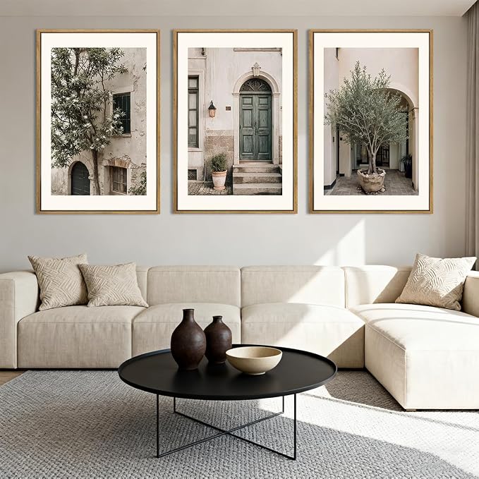 HPNIUB Large Vintage Italy City Landscape Framed Canvas Wall Art Set, Olive Green Tree Country Wall Decor, Modern Minimalist Countryside Villages Picture for Living Room,Bedroom,Office-16 x24 x3
