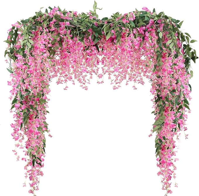 Veryhome 3Pcs 7.2Ft/Piece Artificial Flowers Wisteria Garland Artificial Wisteria Vine Hanging Flower Greenery Garland for Home Garden Outdoor Wedding Arch Floral Decor (Fuchsia)