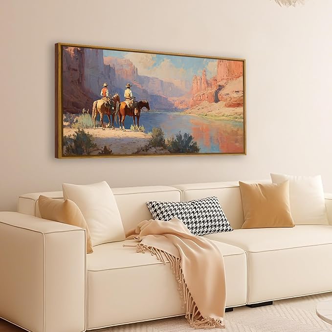 QTUSYUR Western Cowboy Wall Art - Large Farmed Desert Landscape Art Print -Rodeo Horseback Riding Canvas Artwork for Farmhouse Boys Bedroom Living Room- Mid-Century Modern Wall Picture for Home Decor 20×40 IN