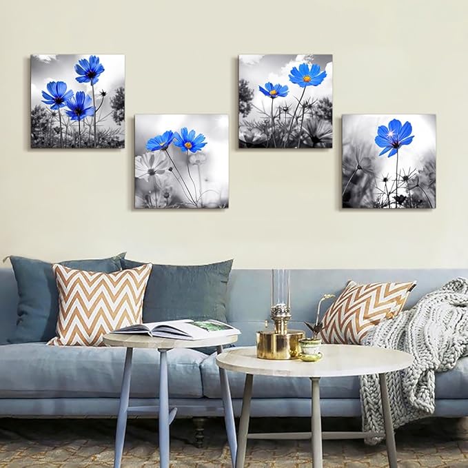 wall art for living room Black and White cyan blue flower Big Canvas Prints Wall Decor Artwork 16" x 16" 4 Pieces Framed Black Border Ready to Hang for bedroom kitchen Home Decoration withoffice