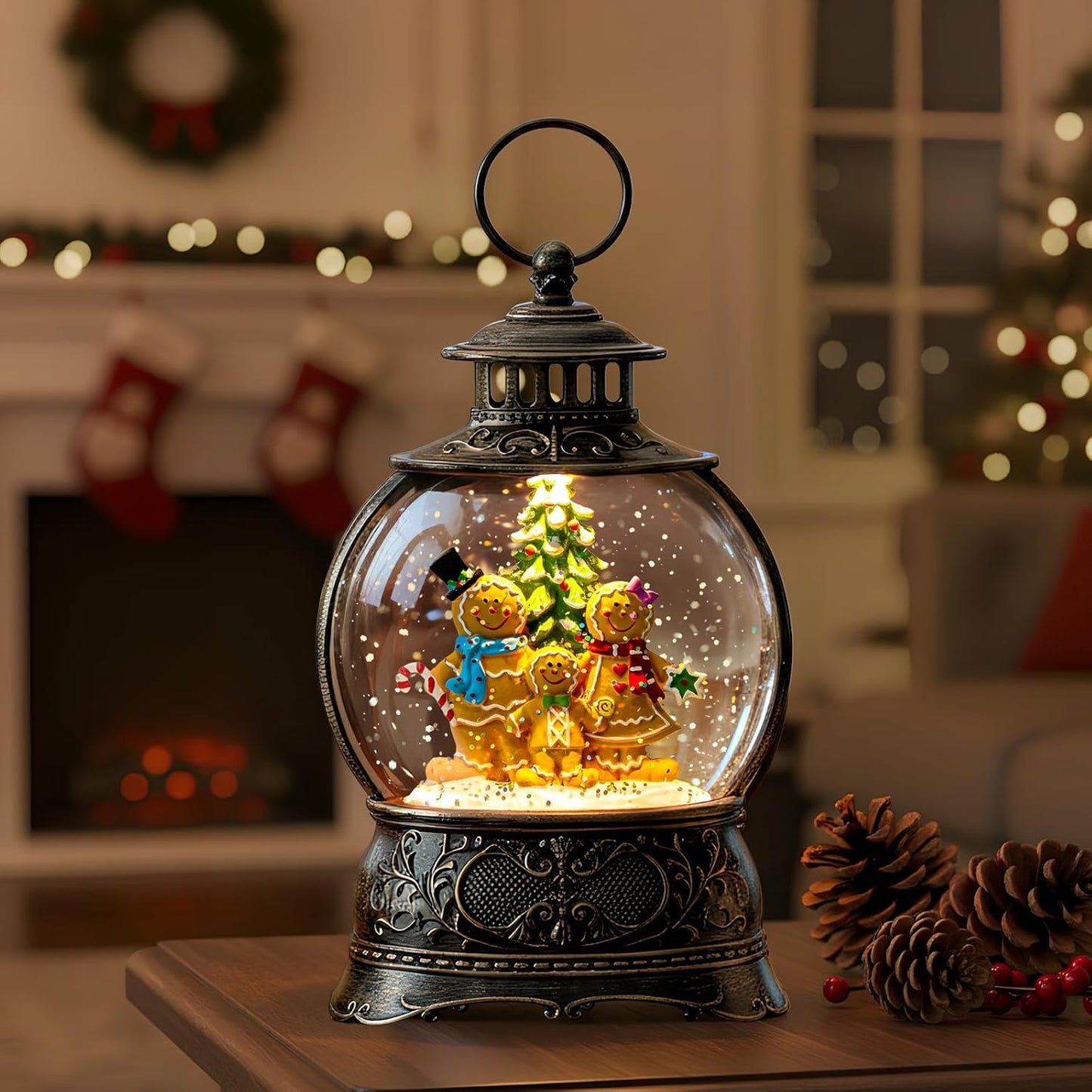 Christmas Snow Globe Lantern Water Glittering Gingerbread Family with Music& Timer, USB Lined/Battery Operated Lighted Lantern for Christmas Festival Decoration Gifts