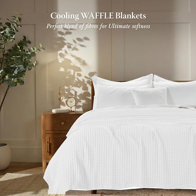 Threadmill Cooling Cotton Waffle Queen Size Blanket | Lightweight Summer Blanket for Hot Sleepers | Rayon Derived from Bamboo | Luxury Throw for Bed, Couch & Sofa | 106 x 92 Inches | Whitee