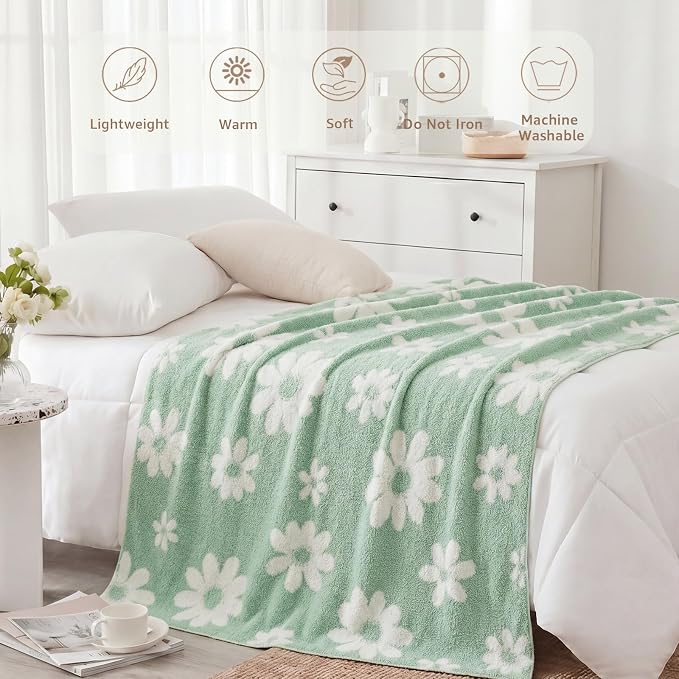 WRENSONGE Soft Throw Blanket for Couch-Cozy Reversible Knitted Blankets | Lightweight Warm Fluffy Decor for Women, Mom, Her & Girls, Sofa, Chair, Bed, 50x60in,Daisy Floral Green