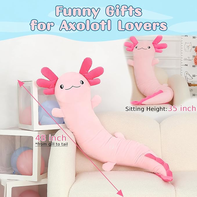 Tezituor Pink Axolotl Stuffed Animal for Easter Girls 48 inch Glow-in-Dark Plush Toy Body Pillow for Adults Kids 6-12, 4ft Large Stuffed Salamander Axolotl Lovers Gifts Christmas Valentines