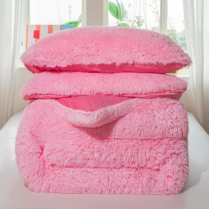 chovy Faux Fur Plush Pink Comforter Sets Full/Queen - Ultra Soft Shaggy Flannel Velvet Fluffy Fuzzy 3PC Bedding Sets （Comforter x 1 Pillowcases x 2）
