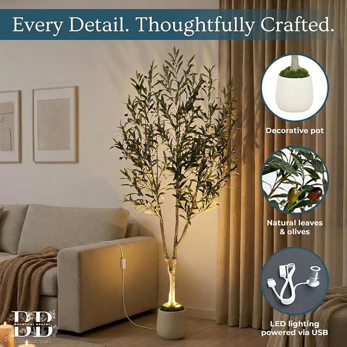 6ft Lifelike Artificial Olive Tree with Light, White Pot, Moss & LED | 943 Vein-Detailed Leaves · 52 Olives · 4ft Wired USB LED with Switch · Moss Included · Shapeable Branches · Zero Maintenance