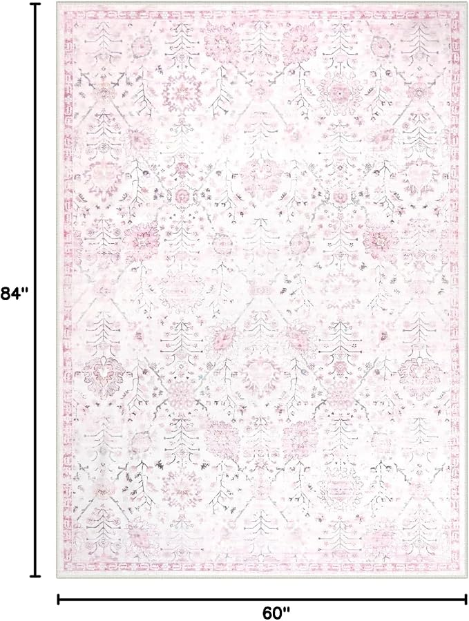 Lahome Flavie Nursery Rug 5x7, Soft Kids Rugs for Cozy Bedroom, Washable Boho Purple Carpet for Toddlers Girls Room, Non Shedding Non Slip Pastel Floral Print Thin Simple Carpets