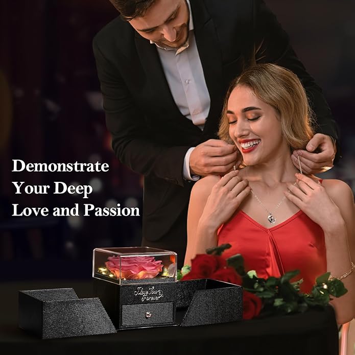 Emibele Preserved Rose Gifts for Women, Eternal Flower Rose Box with Heart Necklace, Romantic I Love You Gifts for Women Her Wife Mom Grandma on Valentines Mothers Day Birthday Anniversary