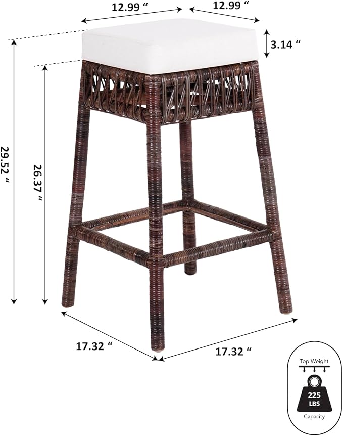JONATHAN Y Bali 29.5" Woven Rattan Backless Bar Stool with Cushion, Bohemian Dark Brown Stool with Footrest for Kitchen Island, Home Bar, and Dining Room BSL1100A